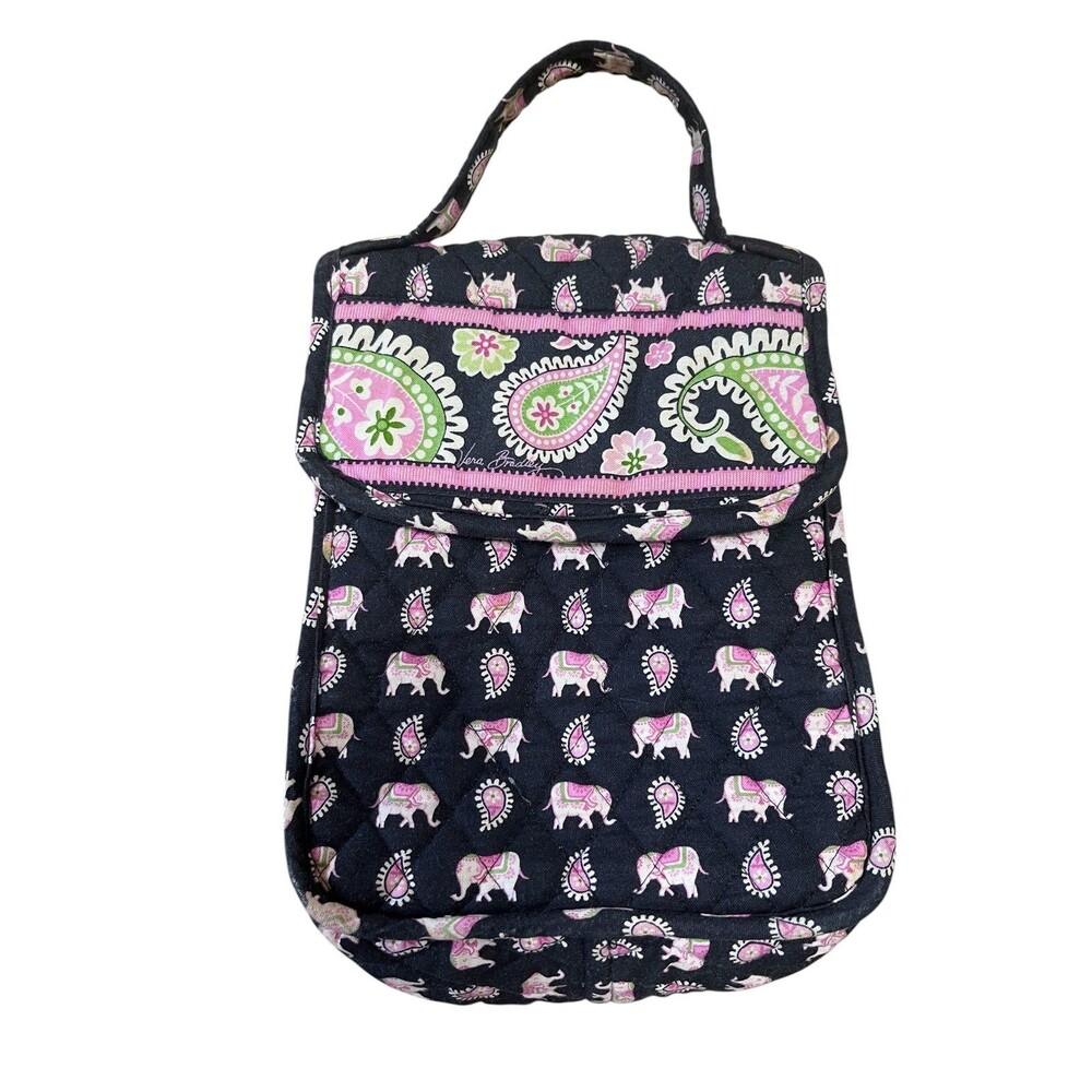 Vera Bradley Vintage Pink and Black Elephant Paisley Carrier Makeup Bag 9" tall